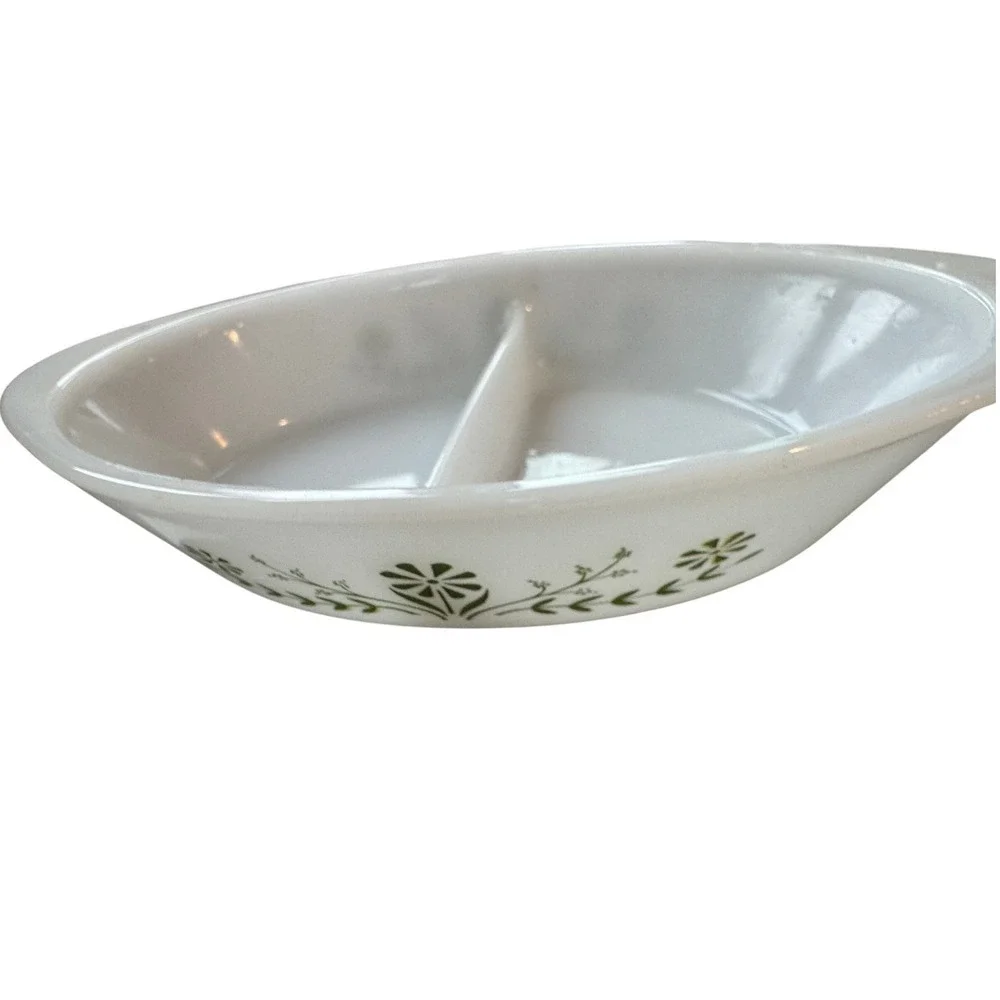 Glasbake Vintage White Milk Glass‎ Divided Serving Dish Green Floral Pattern